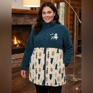 Disney Classic Winnie the Pooh & Piglet Teddy Sherpa Jacket Teal Cream Pine Tree